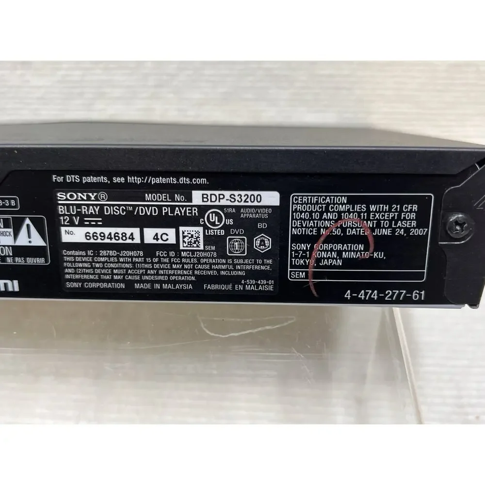 Sony BDP-S3200 Smart 1080p Blu-Ray DVD Player WiFi Streamer w/ Power No Remote
